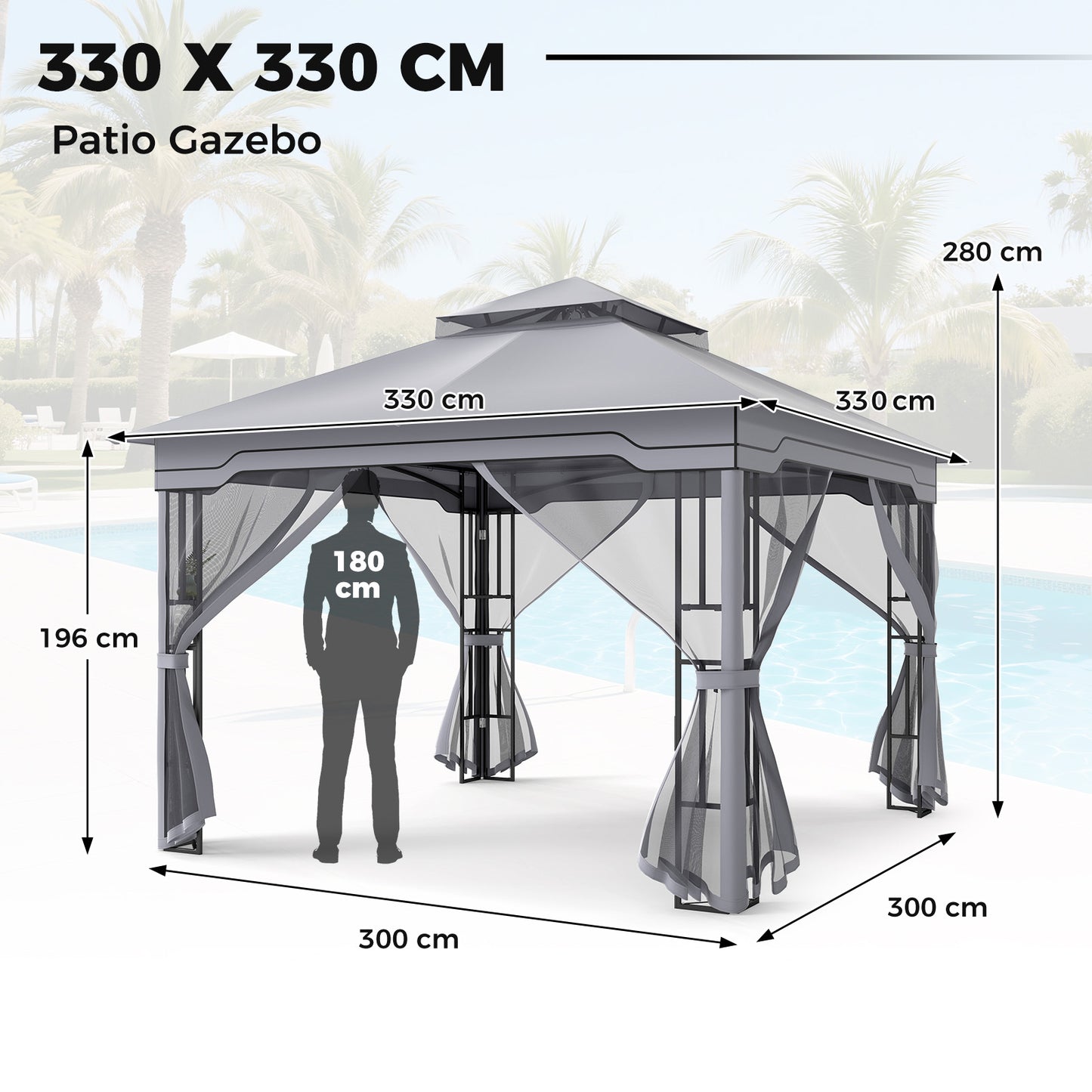 330 X 330 CM Double Roof Soft Top Patio Gazebo with Zippered Mesh Netting-Gray