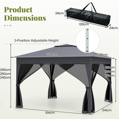 338 x 338 CM Pop Up Gazebo with Mesh Netting and Double Roof-Grey