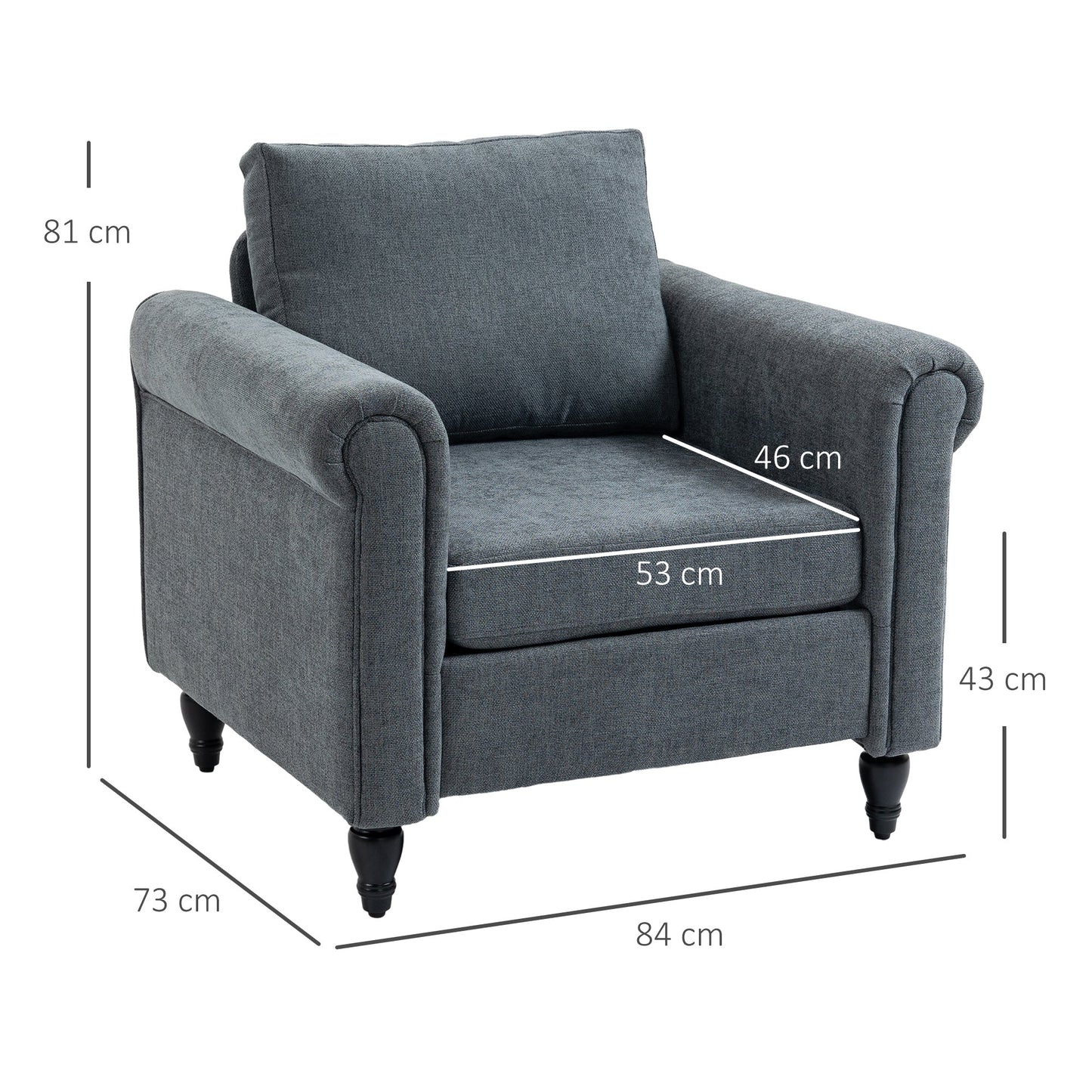 HOMCOM Vintage Accent Chair, Upholstered Occasional Chair with Back Pillow, Rolled Arms, Rubber Wood Legs, Grey