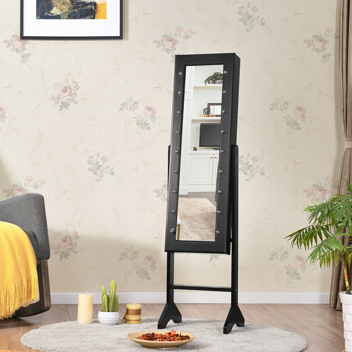 Standing Jewellery Organiser Cabinet with Adjustable Mirror 18 LEDs-Black