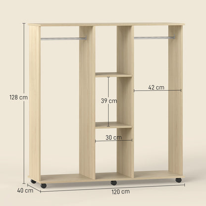 HOMCOM Open Wardrobe Double Mobile Storage Shelves Organizer W/6 Wheels-Natural