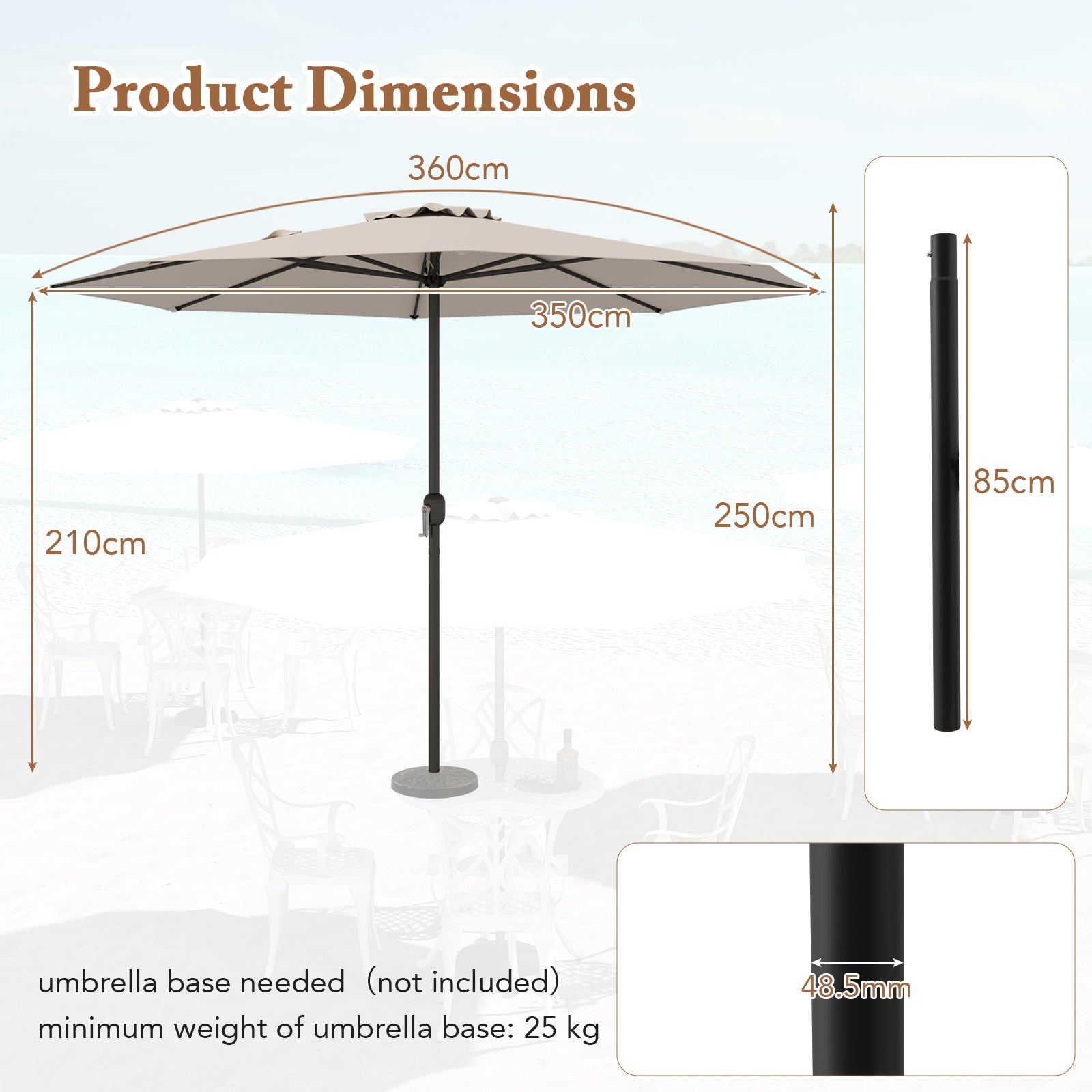 350 cm Patio Umbrella 8 Sturdy Ribs Table Umbrella with Crank Handle-Beige