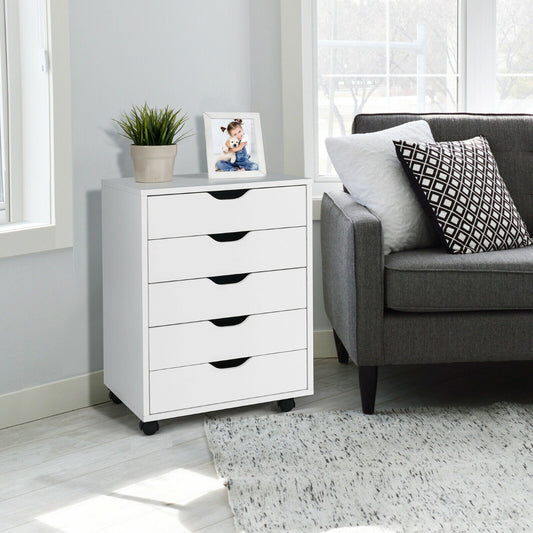 5 Drawer Chest with Wheels for Home and Office-White