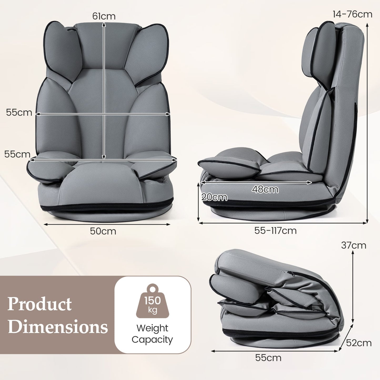 360 Degree Swivel Floor Gaming Chair Folding Lazy Lounger Couch with 6-Position Adjustable Backrest-Grey