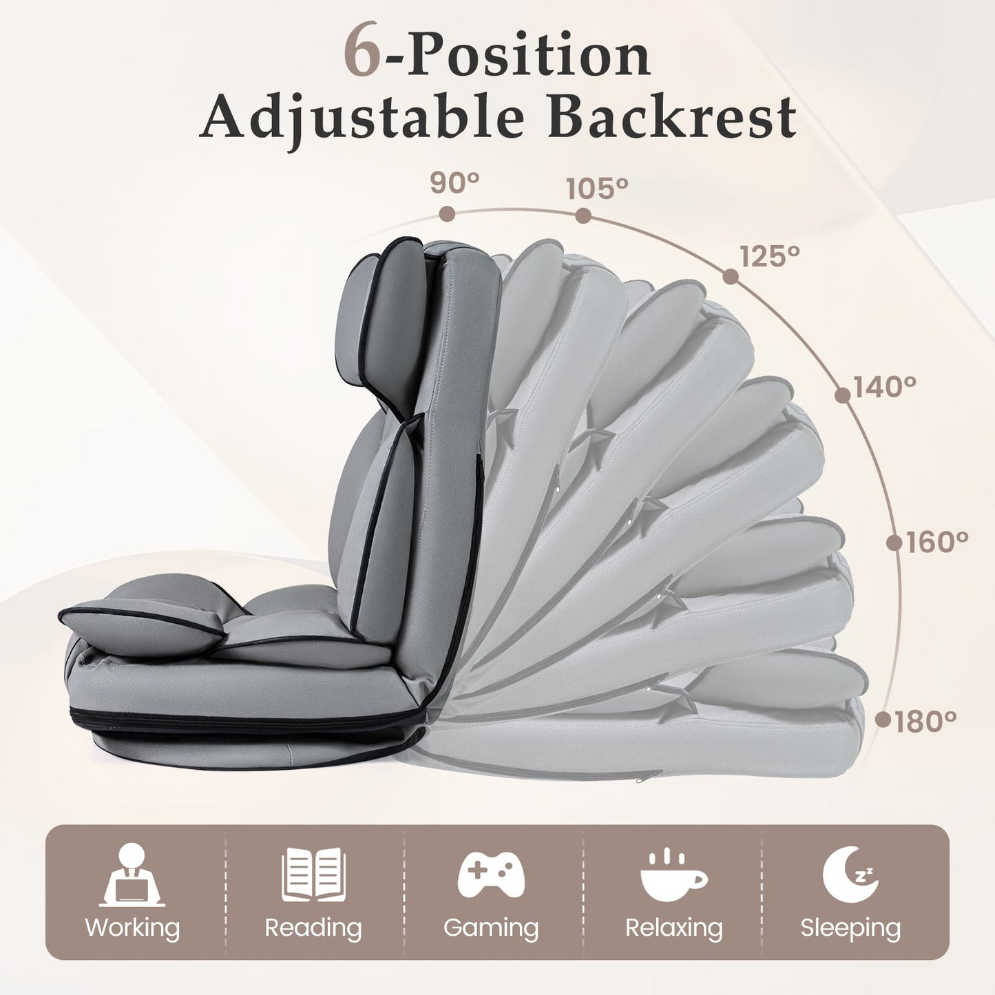 360 Degree Swivel Floor Gaming Chair Folding Lazy Lounger Couch with 6-Position Adjustable Backrest-Grey
