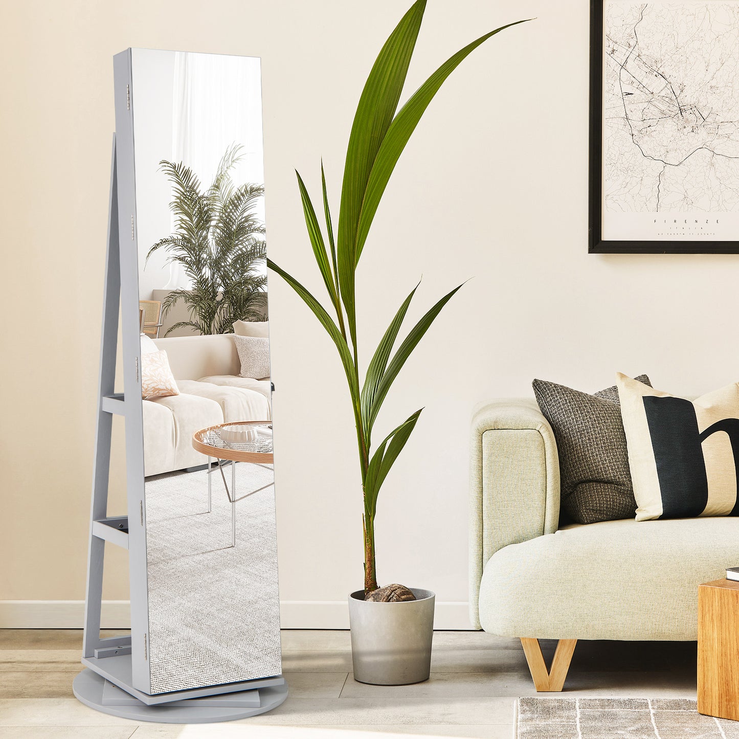 360-Degree Mirrored Jewelry Armoire with 3-Color Auto-on LED Lights-Grey
