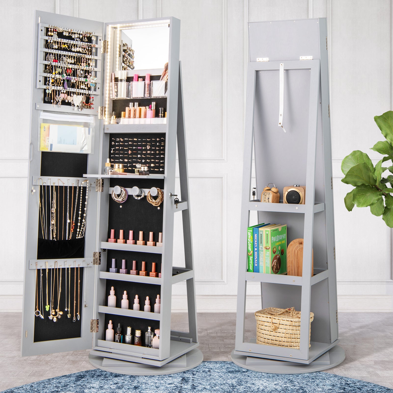360-Degree Mirrored Jewelry Armoire with 3-Color Auto-on LED Lights-Grey