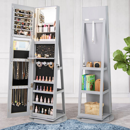 360-Degree Mirrored Jewelry Armoire with 3-Color Auto-on LED Lights-Grey