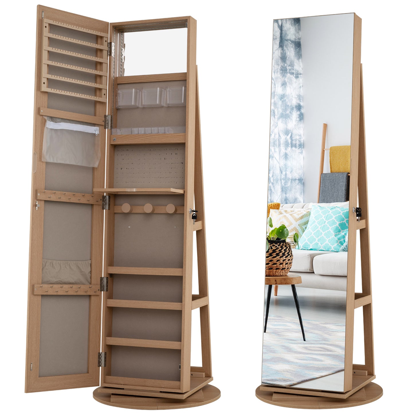 360-Degree Mirrored Jewelry Armoire with 3-Color Auto-on LED Lights-Wood