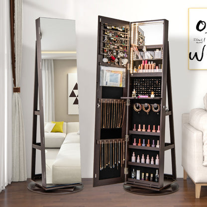 360-Degree Mirrored Jewelry Armoire with 3-Color Auto-on LED Lights-Brown