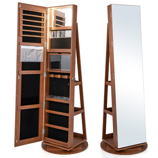 360-Degree Mirrored Jewelry Armoire with 3-Color Auto-on LED Lights-Natural
