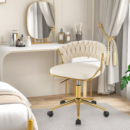 360° Swivel Home Office Desk Chair Set of 2 with Hand-woven Back-Beige
