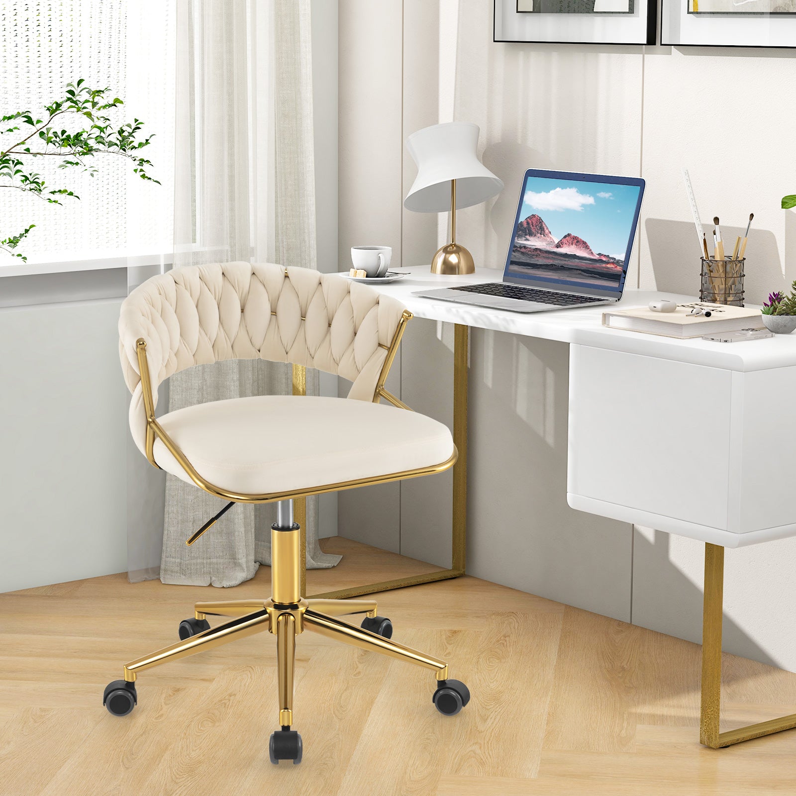 360° Swivel Home Office Desk Chair Set of 2 with Hand-woven Back-Beige