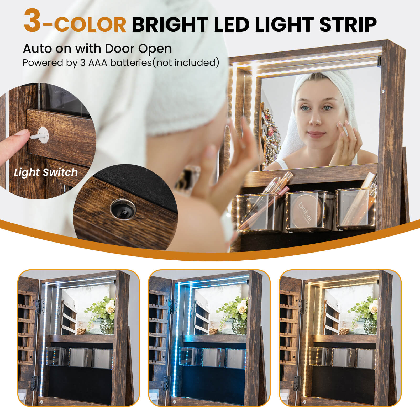 360-Degree Mirrored Jewelry Armoire with 3-Color Auto-on LED Lights-Rustic Brown