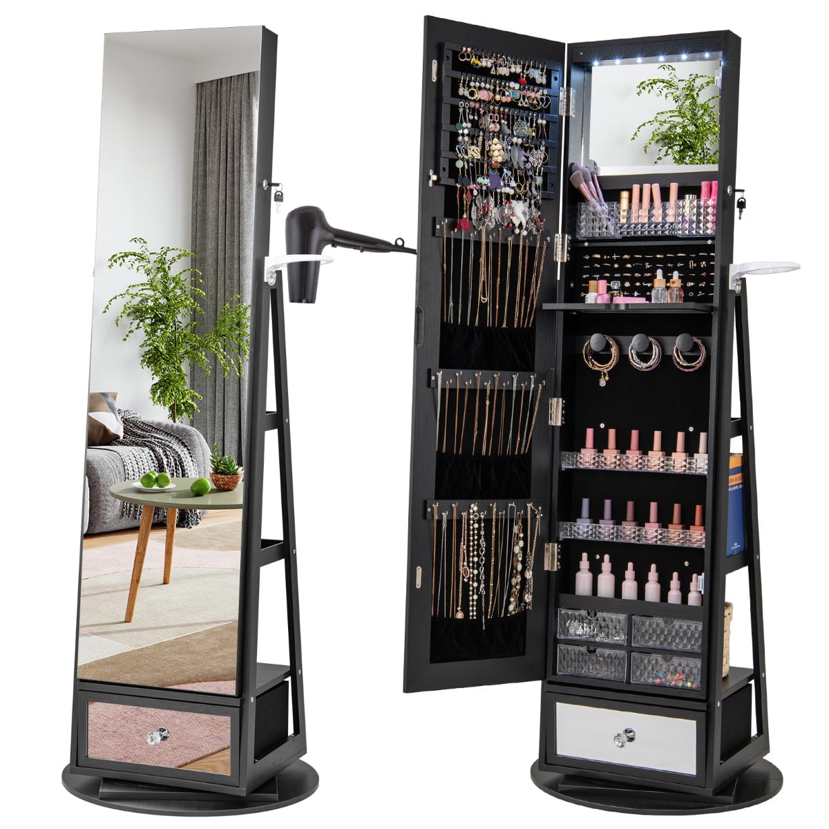 360° Swivel Lockable Jewelry Armoire Cabinet with Full-Length Mirror-Black