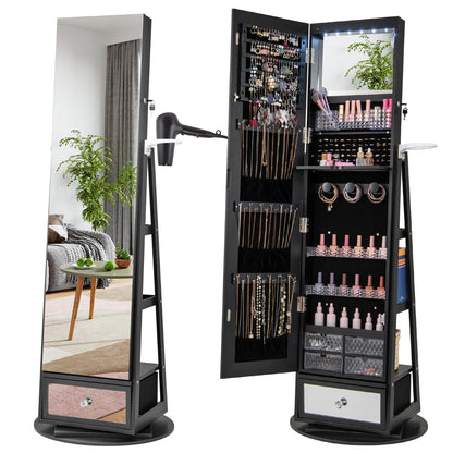360° Swivel Lockable Jewelry Armoire Cabinet with Full-Length Mirror-Black