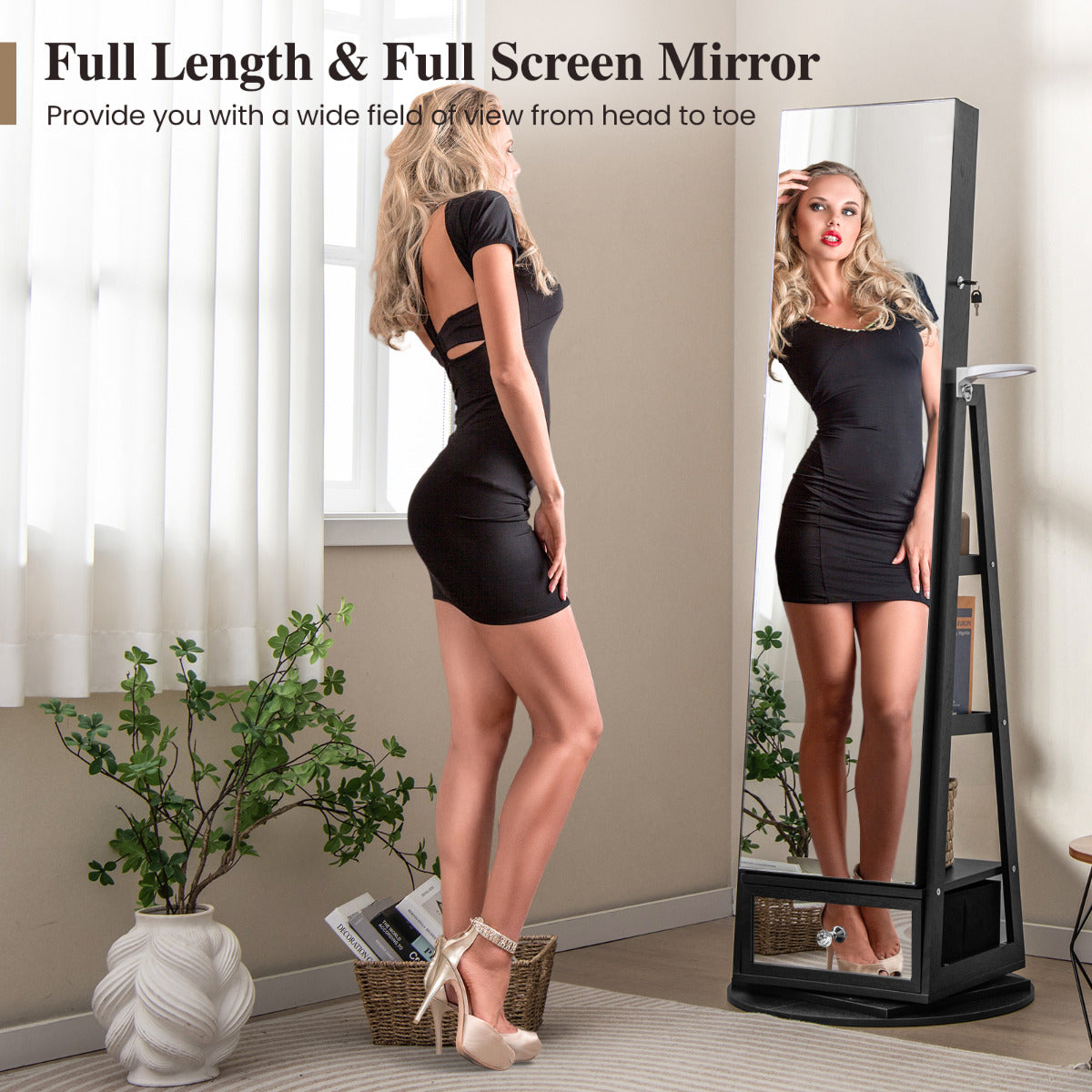 360° Swivel Lockable Jewelry Armoire Cabinet with Full-Length Mirror-Black