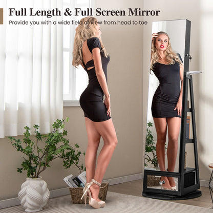 360° Swivel Lockable Jewelry Armoire Cabinet with Full-Length Mirror-Black