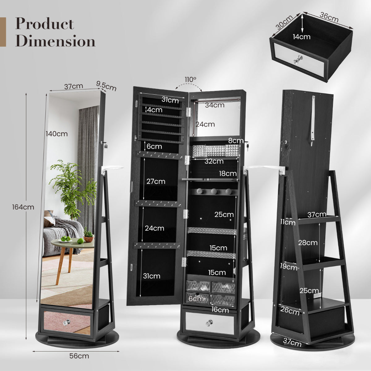 360° Swivel Lockable Jewelry Armoire Cabinet with Full-Length Mirror-Black
