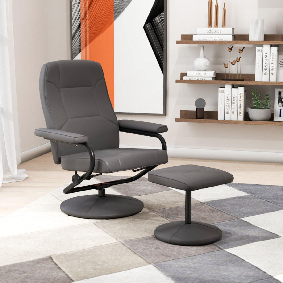 360° Swivel Reclining Chair with Ottoman and Adjustable Backrest-Grey