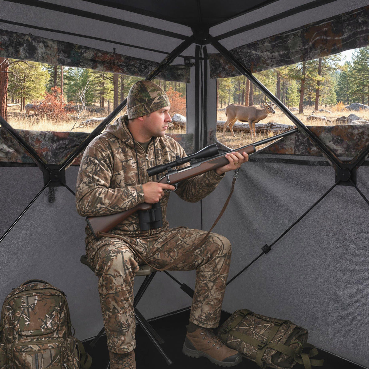 360 Degree One-way See-through Hunting Blind 4 People Ground Blind with Silent-slide Windows