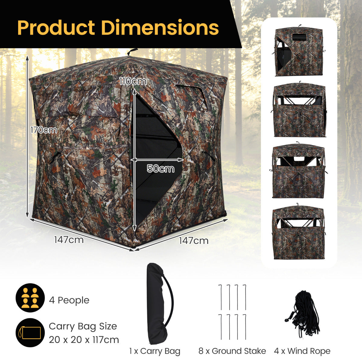 360 Degree One-way See-through Hunting Blind 4 People Ground Blind with Silent-slide Windows
