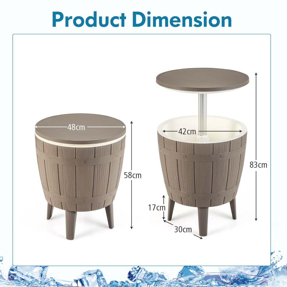 Outdoor Cooler Side Table with Telescopic Tabletop for Beer &amp; Wine-Brown