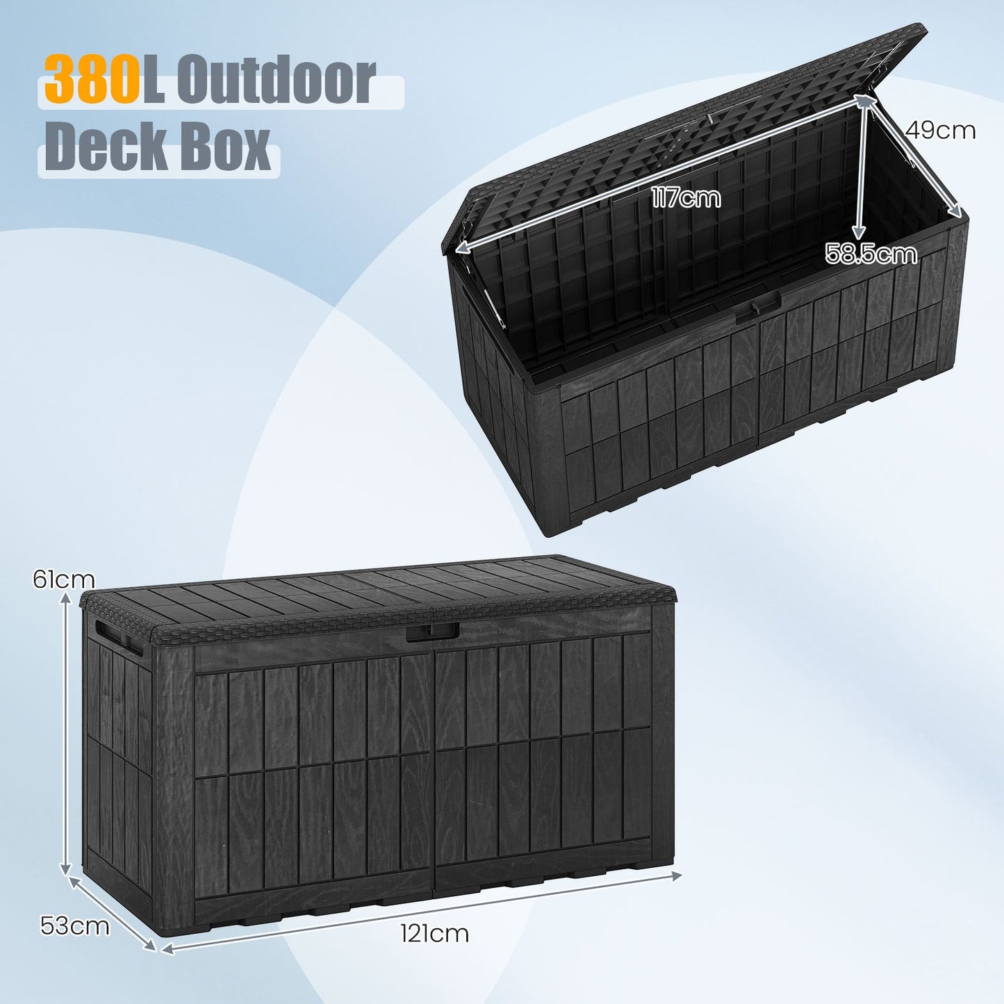 380 L Outdoor Deck Box All-Weather Lockable Storage Bin with Lid and Handles-Black