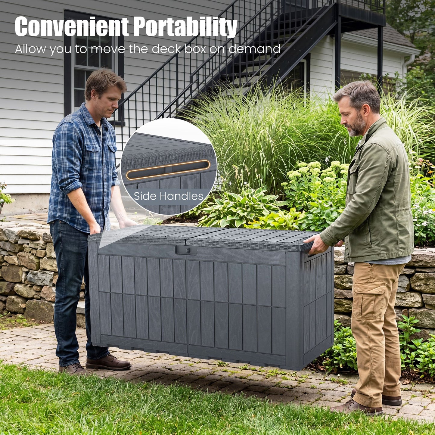 380 L Outdoor Deck Box All-Weather Lockable Storage Bin with Lid and Handles-Grey