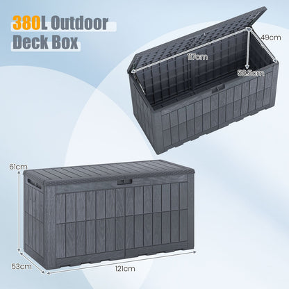 380 L Outdoor Deck Box All-Weather Lockable Storage Bin with Lid and Handles-Grey