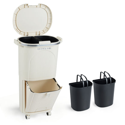 38L Kitchen Trash Can Sorting Garbage Bin with Lid 2 Detachable Buckets-Beige