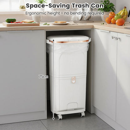 38L Kitchen Trash Can Sorting Garbage Bin with Lid 2 Detachable Buckets-Beige