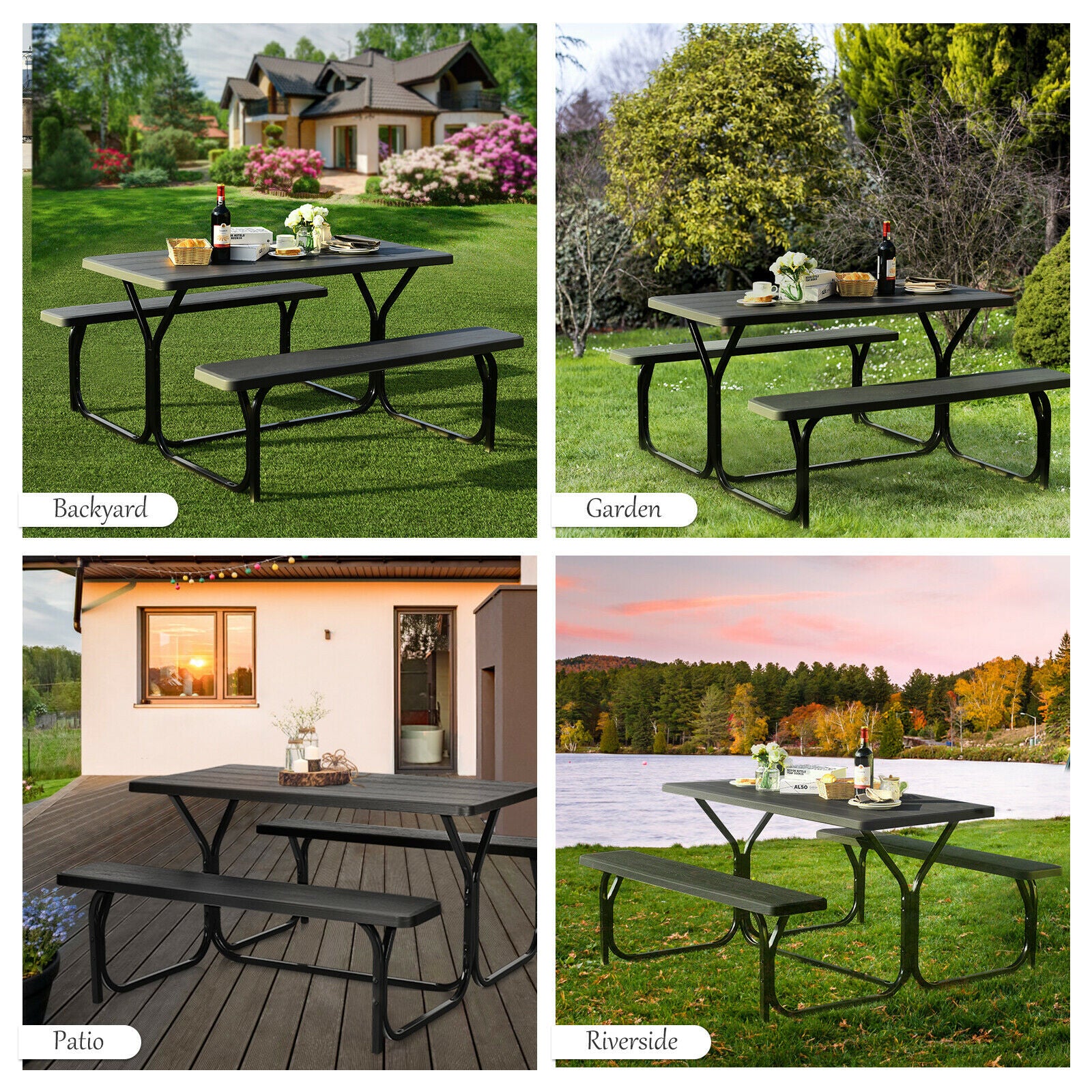 Picnic Table Bench Set with Metal Base Wood for Outdoor-Black