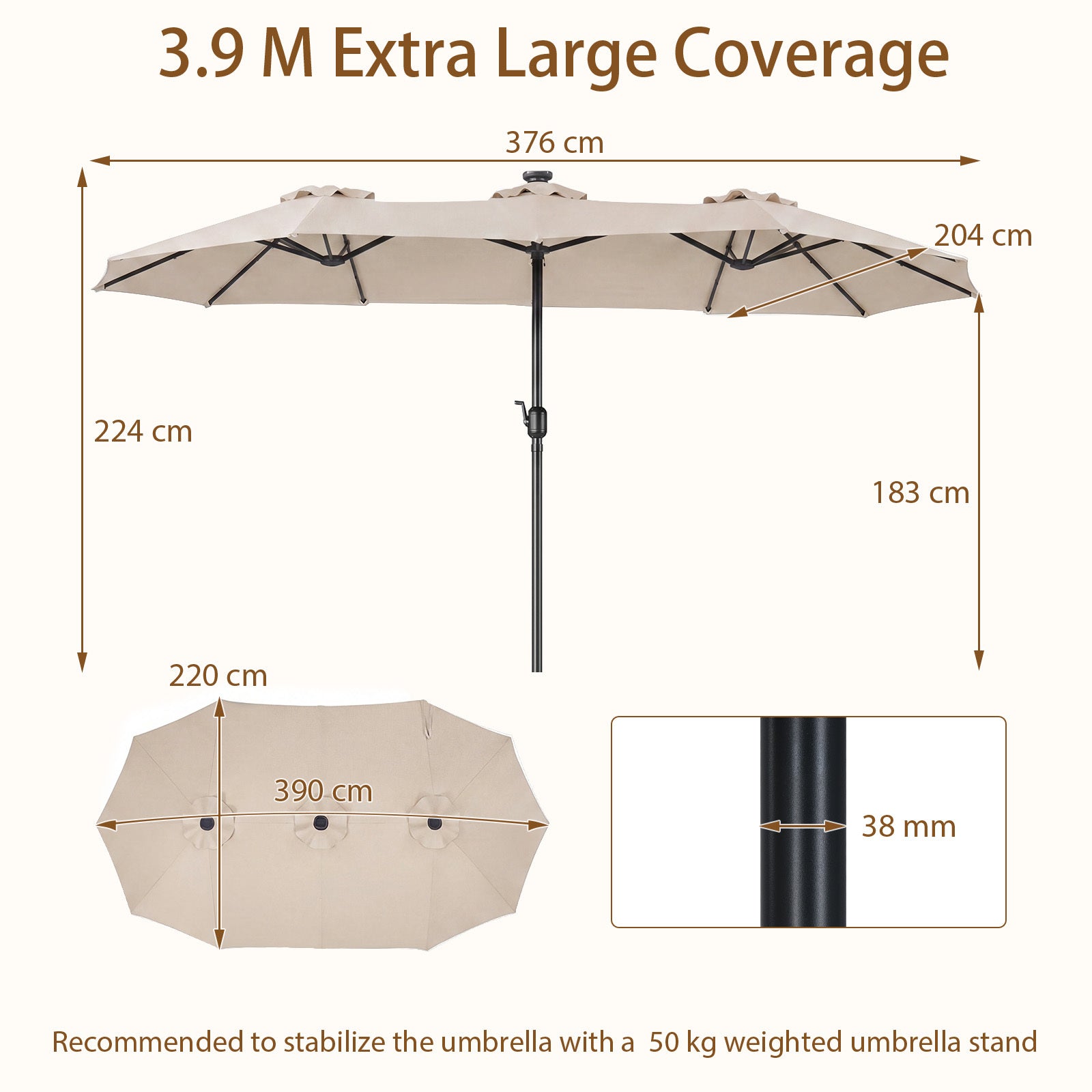 390cm Double-Sided Patio Umbrella Large Rectangle Market Umbrella with 36 LED Lights-Beige