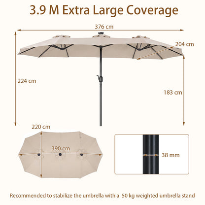 390cm Double-Sided Patio Umbrella Large Rectangle Market Umbrella with 36 LED Lights-Beige