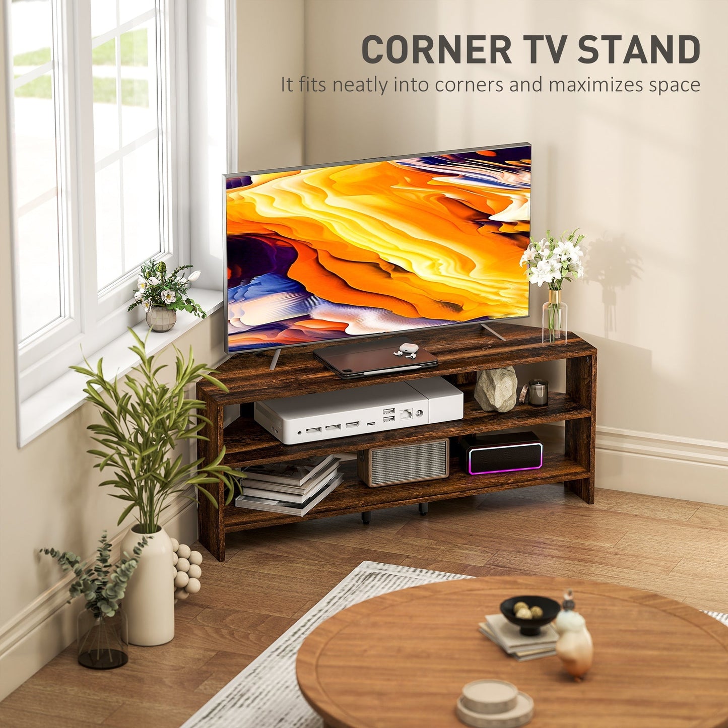 HOMCOM Corner TV Stand with 2 Open Shelves for 47 Inch TV - Rustic Brown