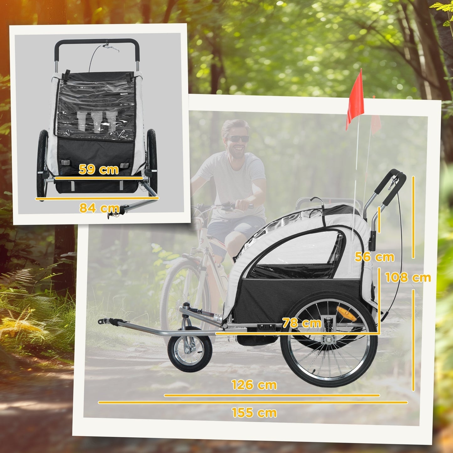 HOMCOM 2 Seat Bike Trailer with 5 Point Harness, Baby Bike Stroller with Safety Flag, Reflectors, for 18+ Months, Black