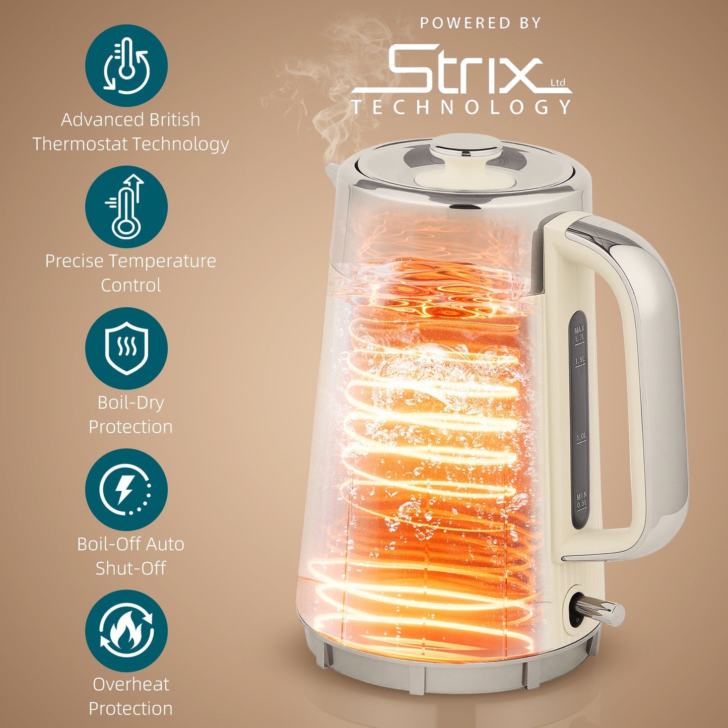 HOMCOM Electric Stainless Steel Kettle and Toaster Set, 3000W 1.7L UK Strix Thermostat Fast Boil Kettle w/ Limescale Filter, Cool Touch Body, 4 Slice Toaster with 7 Browning Levels, Crumb Tray, Cream