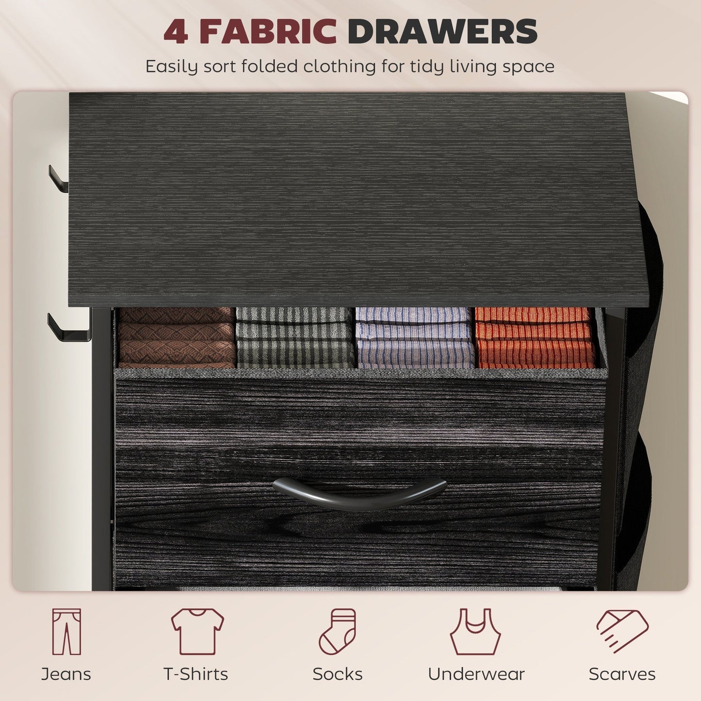 HOMCOM Chest of Four Fabric Drawers - Black