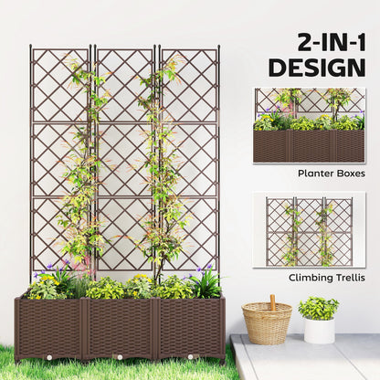 Outsunny Plastic Raised Planter with Trellis, Self Watering Raised Bed for Garden with Wheels, Drainage Holes and Plugs