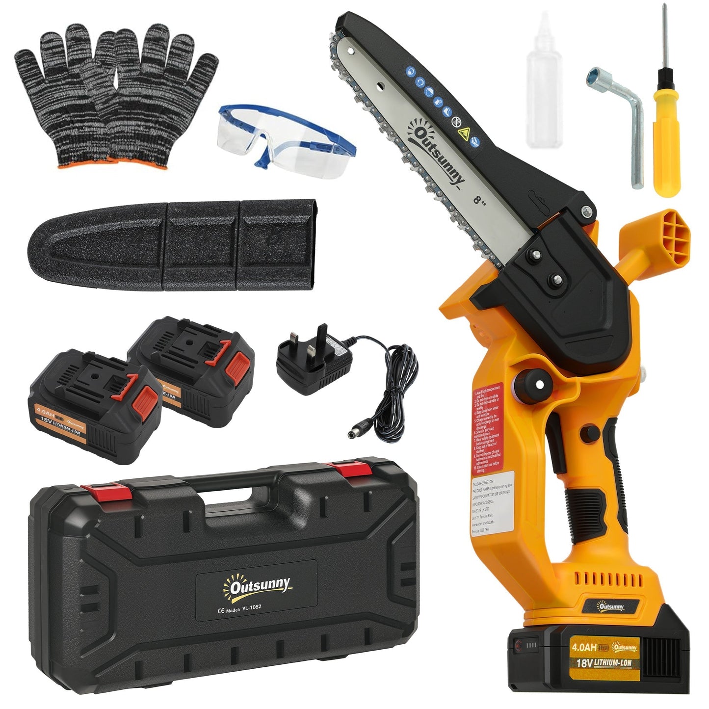Outsunny Mini Chainsaw Cordless, 8 Inch Electric Chainsaw with 2 x 4000mAh Batteries, Brushless Motor and Safety Lock for Tree Trimming, Garden, Wood Cutting, Orange