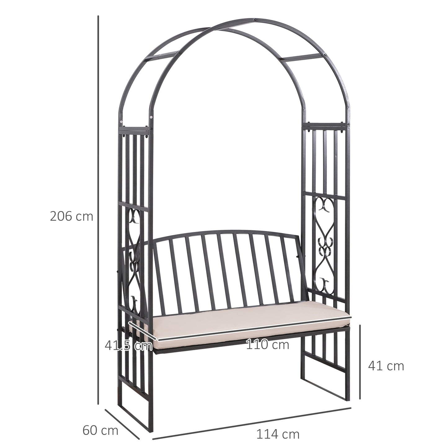 Outsunny Metal Frame Bench W/Arch, 114Lx60Wx206H cm-Grey