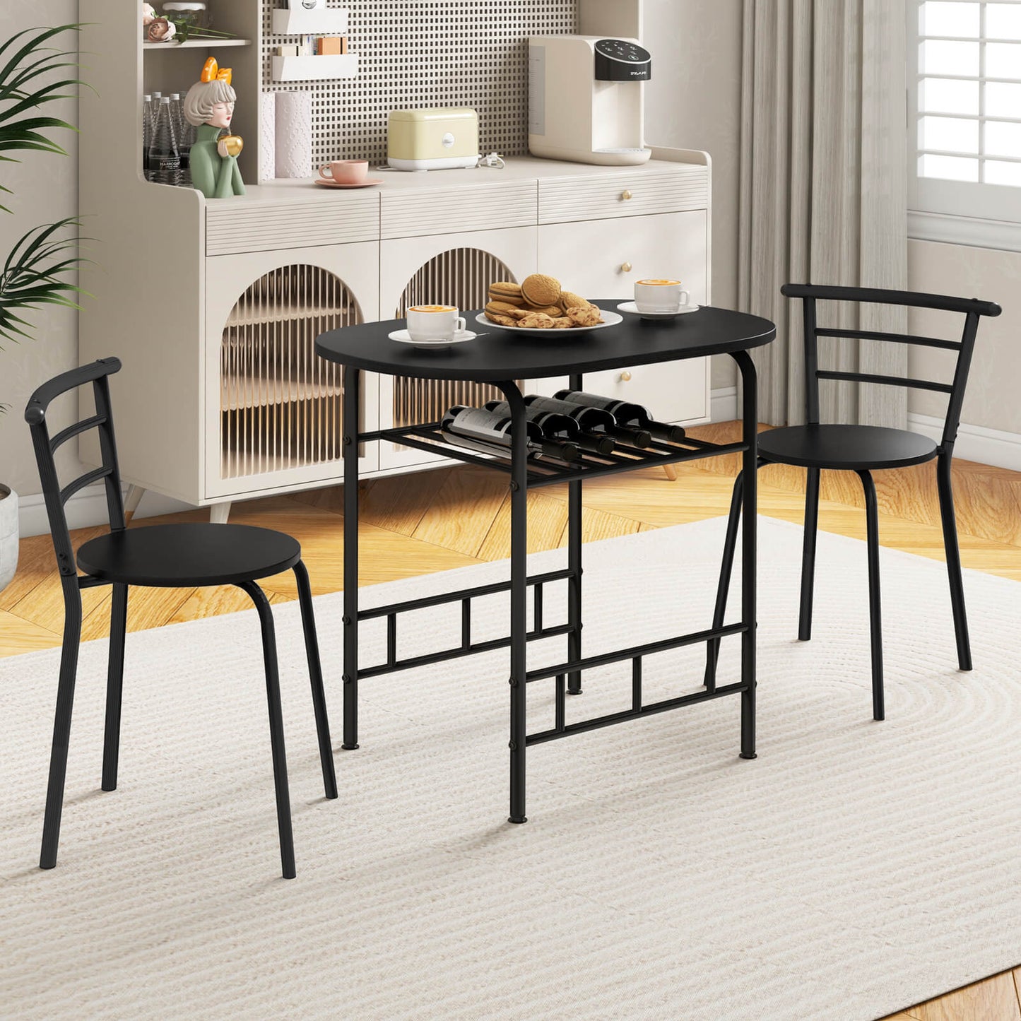 3-Piece Dining Table Set with Extra Wine Rack and Metal Frame-Black