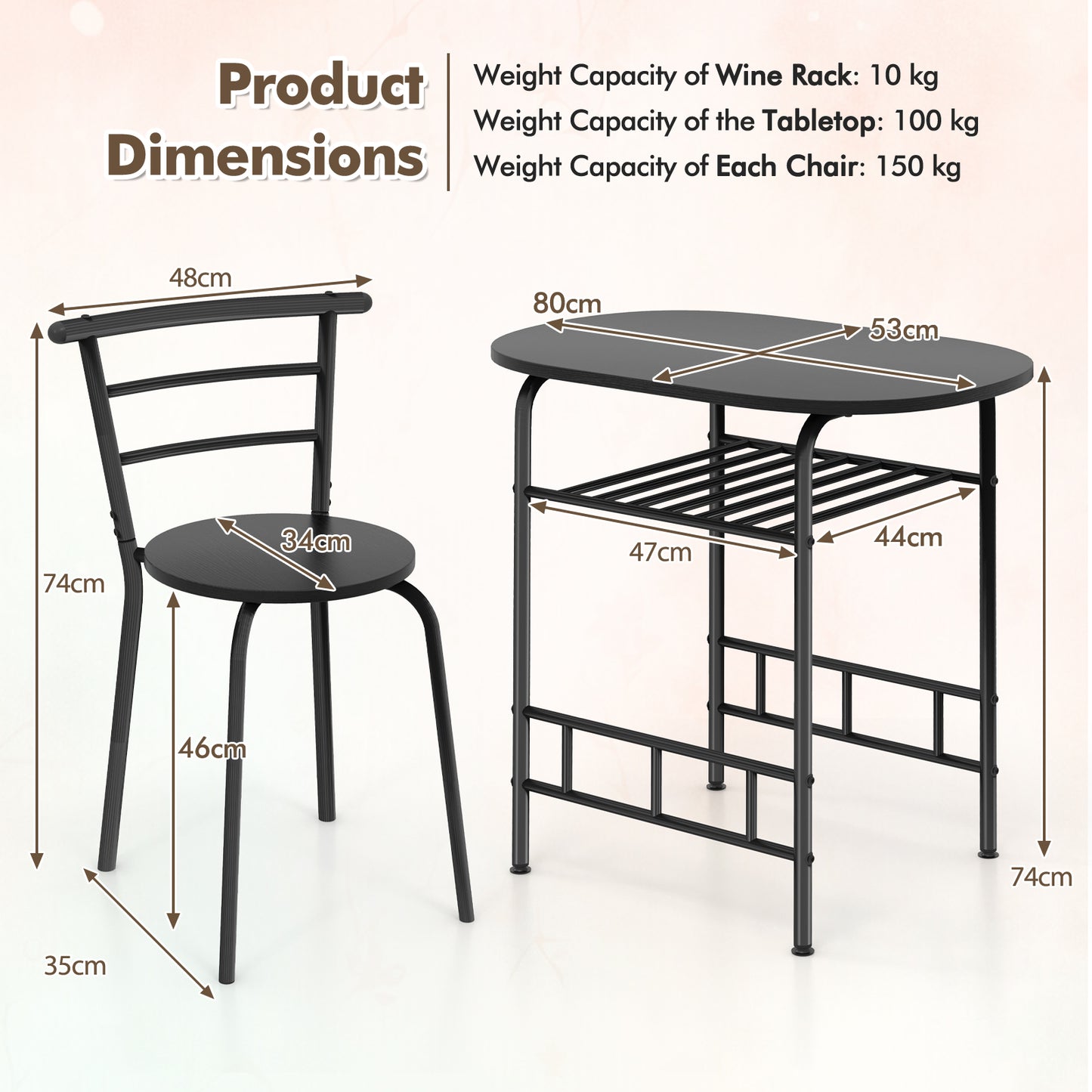 3-Piece Dining Table Set with Extra Wine Rack and Metal Frame-Black