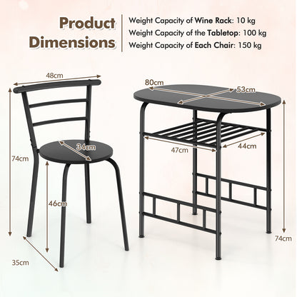 3-Piece Dining Table Set with Extra Wine Rack and Metal Frame-Black