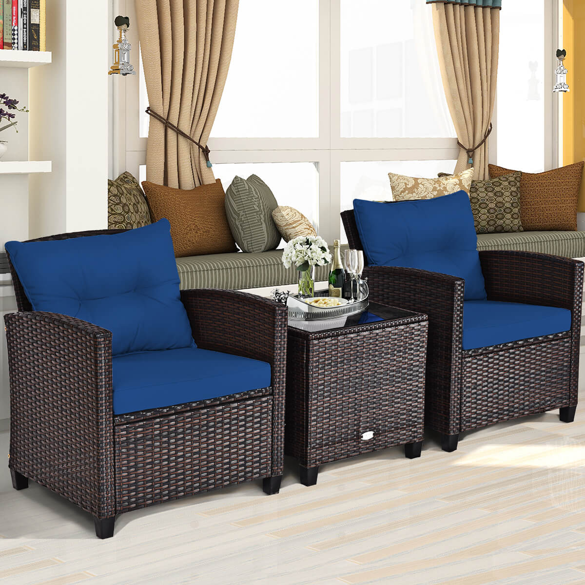 3 Piece Patio Rattan Furniture Set for Porch Balcony Garden Yard-Navy
