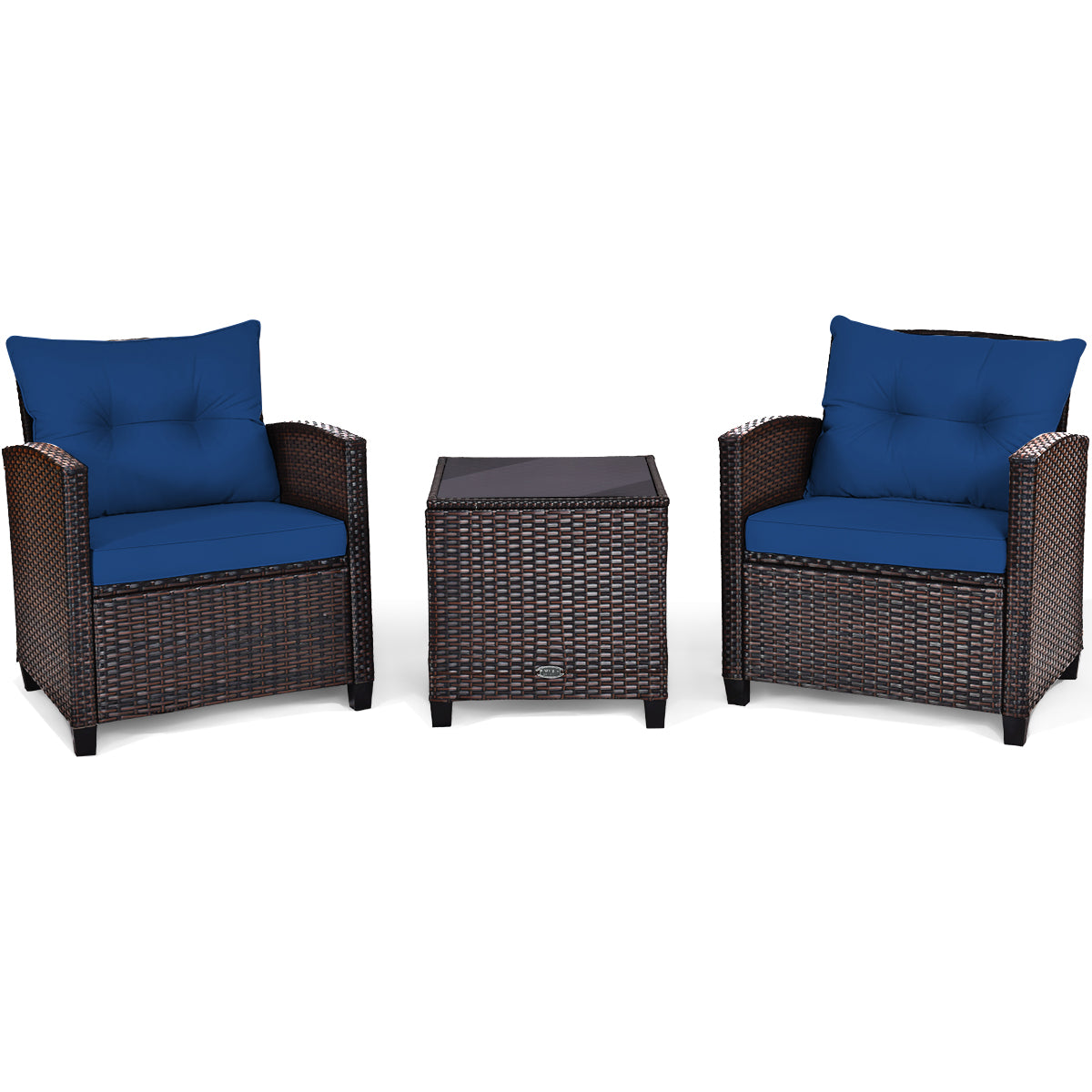 3 Piece Patio Rattan Furniture Set for Porch Balcony Garden Yard-Navy
