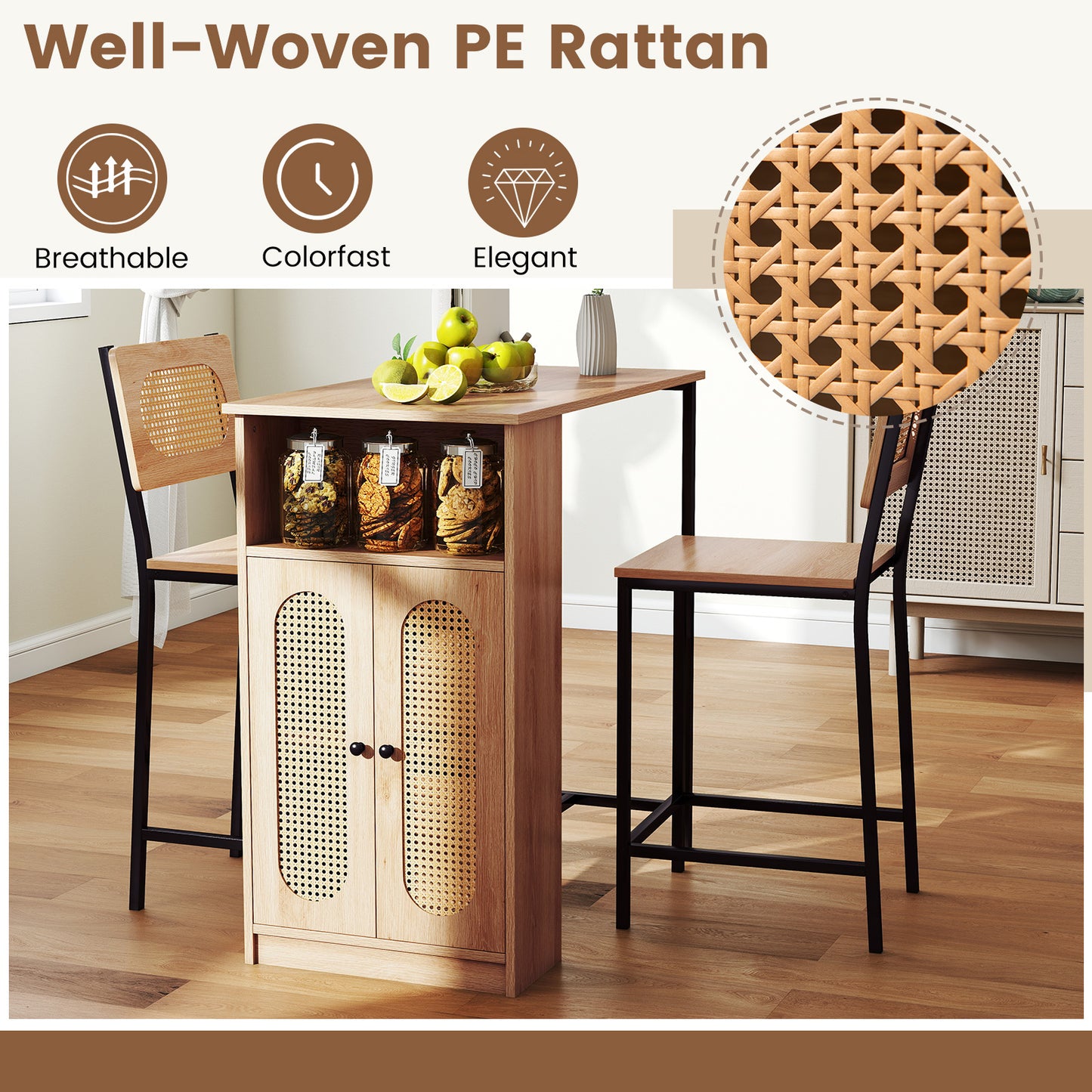3-Piece Bar Table and Chairs Set Counter Height with PE Rattan Cabinet-Natural