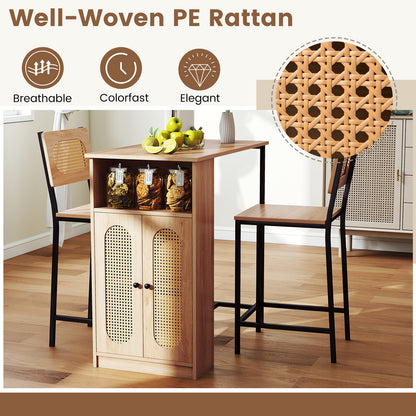 3-Piece Bar Table and Chairs Set Counter Height with PE Rattan Cabinet-Natural