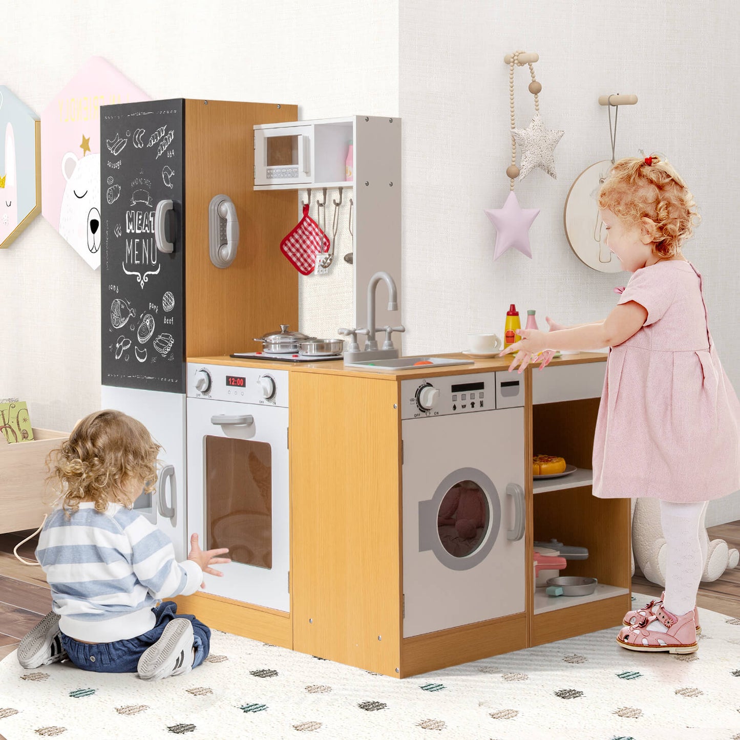 3-Piece Kids Play Kitchen Set with Realistic Sounds Lights and Blackboard-Natural